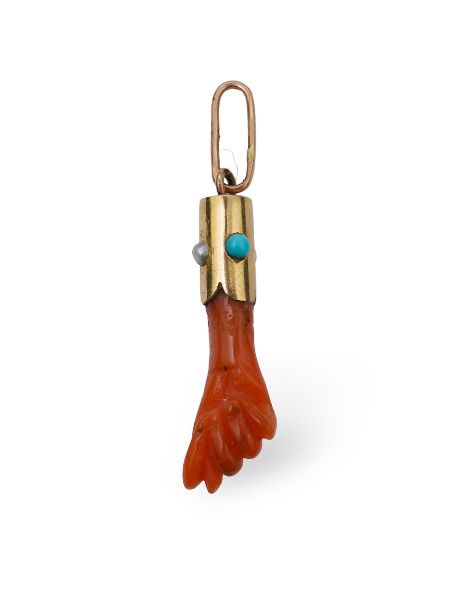 An antique coral, turquoise and seed pearl 'mano figa' pendant, late 19th/early 20th century